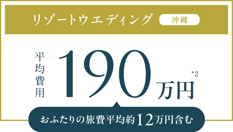 リゾートウエディング 沖縄 平均費用190万円＊2 おふたりの旅費平均約12万円含む