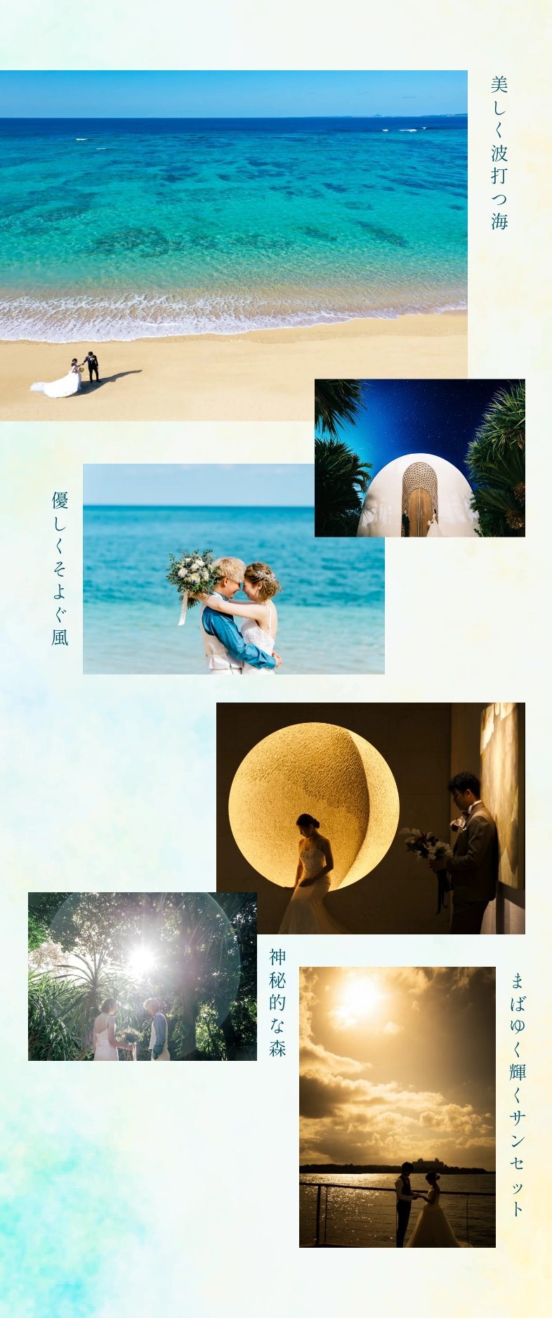 美しく波打つ海、優しくそよぐ風、神秘的な森、まばゆく輝くサンセット
