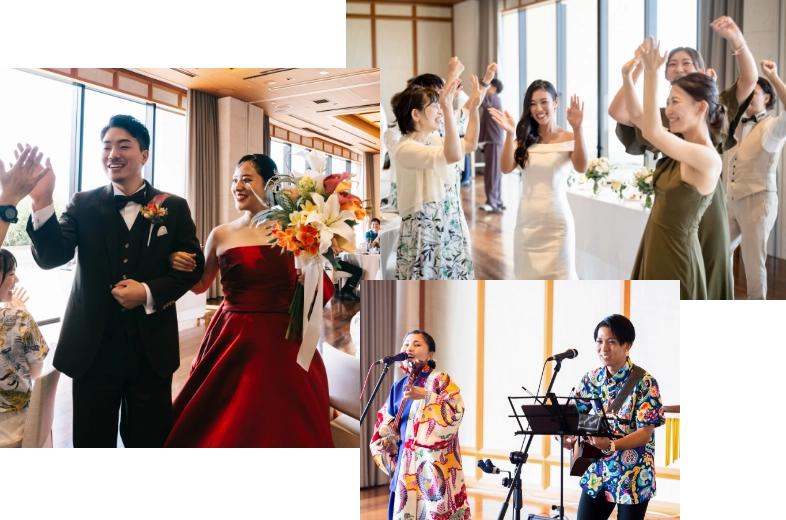 お色直しをした新郎新婦と三線の生演奏
